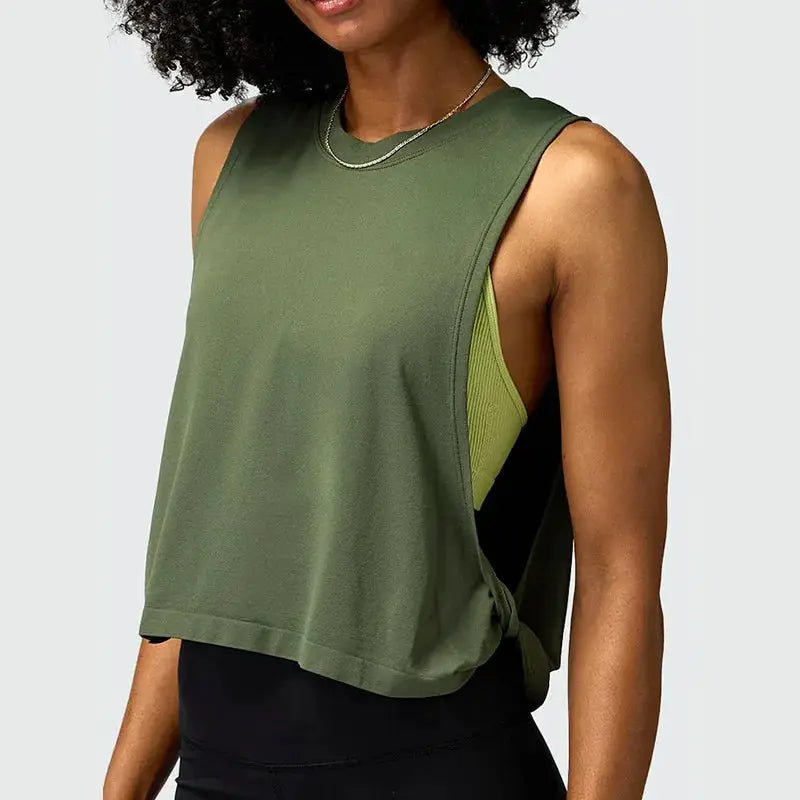 Women’s olive green sleeveless running vest crop top, breathable gym tank with side tie.