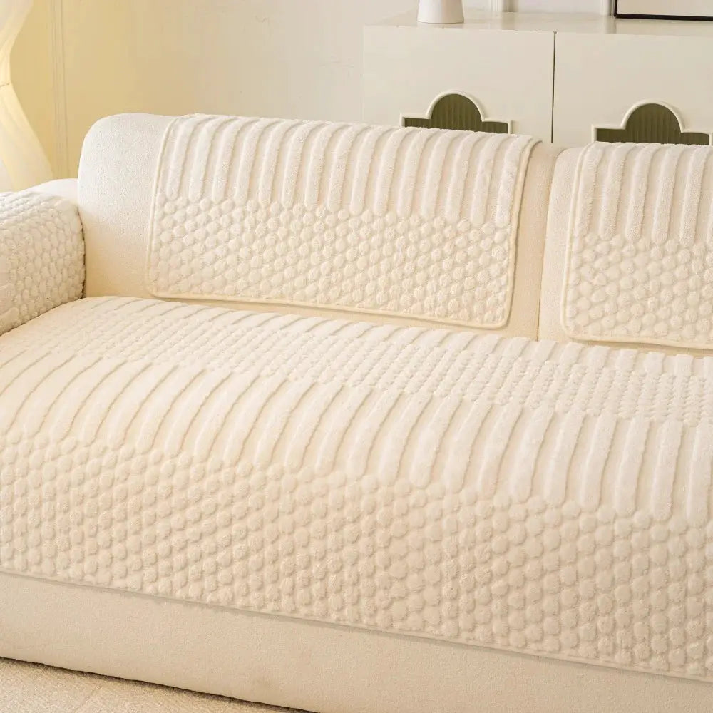 Thick warm geometric jacquard fleece sofa cover in cream, anti-slip for living room couch.