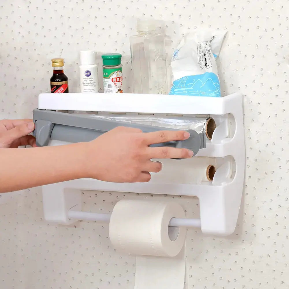 4 In 1 Adhesive Wall Mount Kitchen Organizer Paper Towel Holder Tissue Dispenser Film Cutter Sauce Bottle Rack