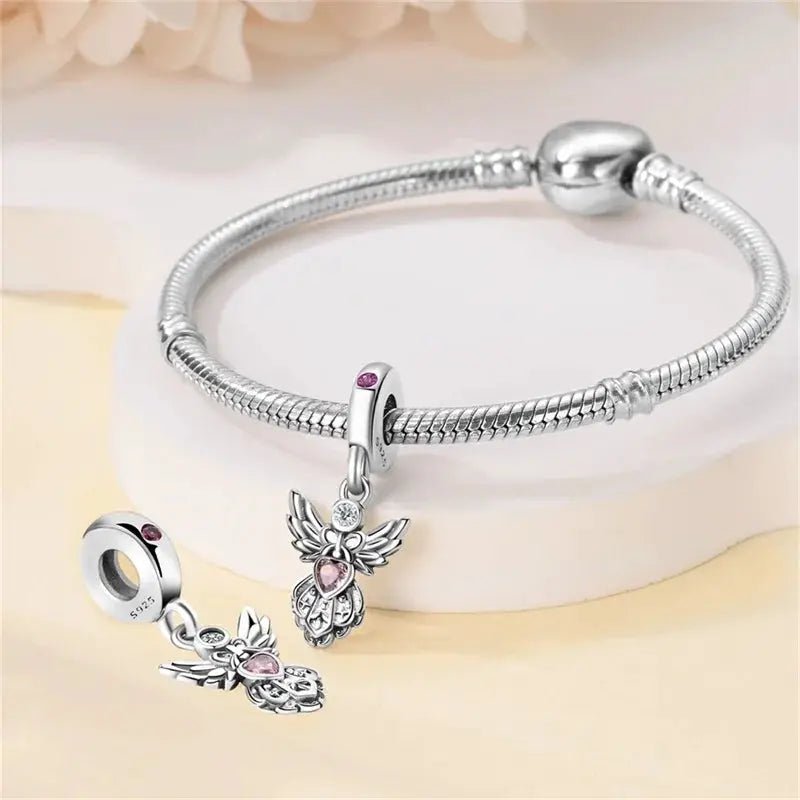 Silver Plated Guardian Angel Heart Shaped Zircon Charms Beads for Original Qikaola 925 Bracelets DIY Jewelry Gifts - Simples Market