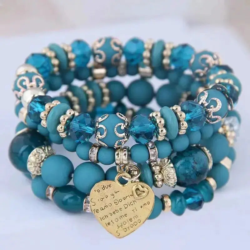 4 Piece Boho Strand Bracelet Set For Women With Crystal Beads Heart Charms And Letter Accents