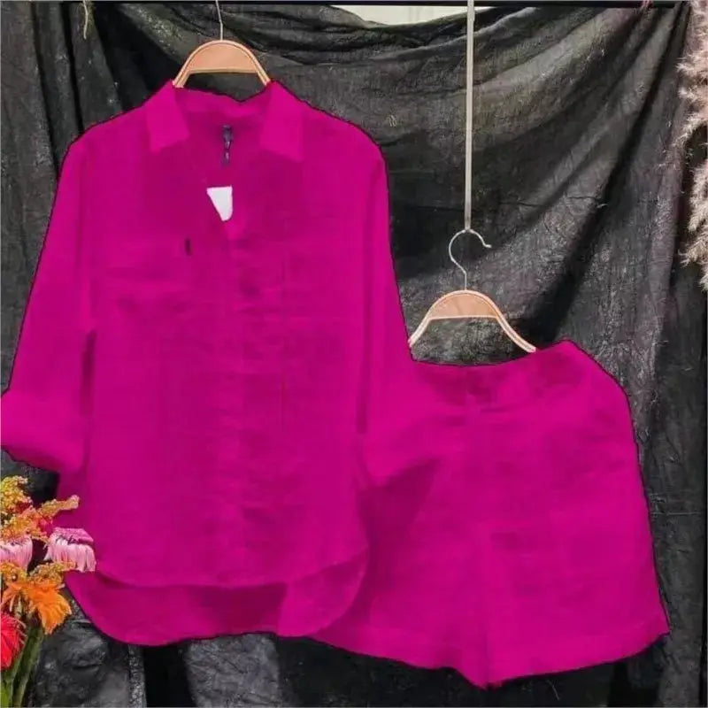 Cotton Linen White Long Sleeve Shirt And Shorts Set For Women