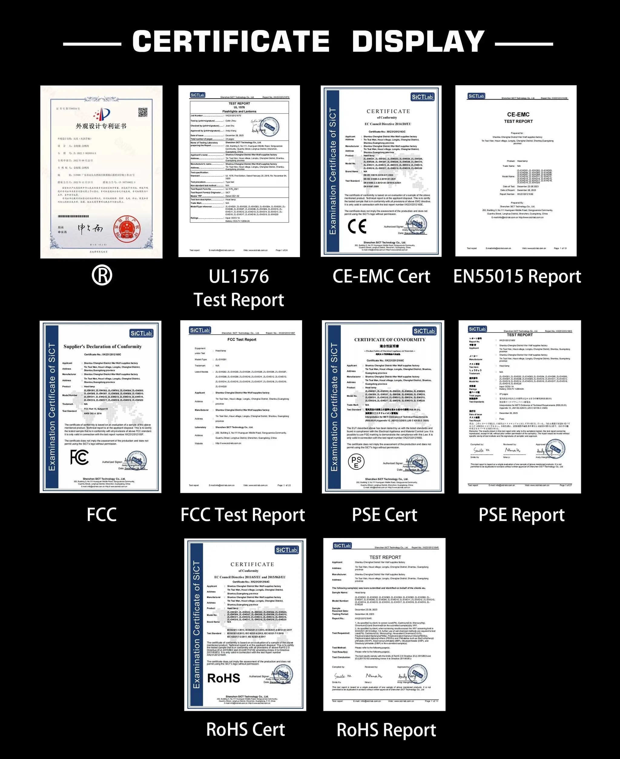 Certificate display collage of conformity documents and seals for a product (CE, FCC, RoHS)