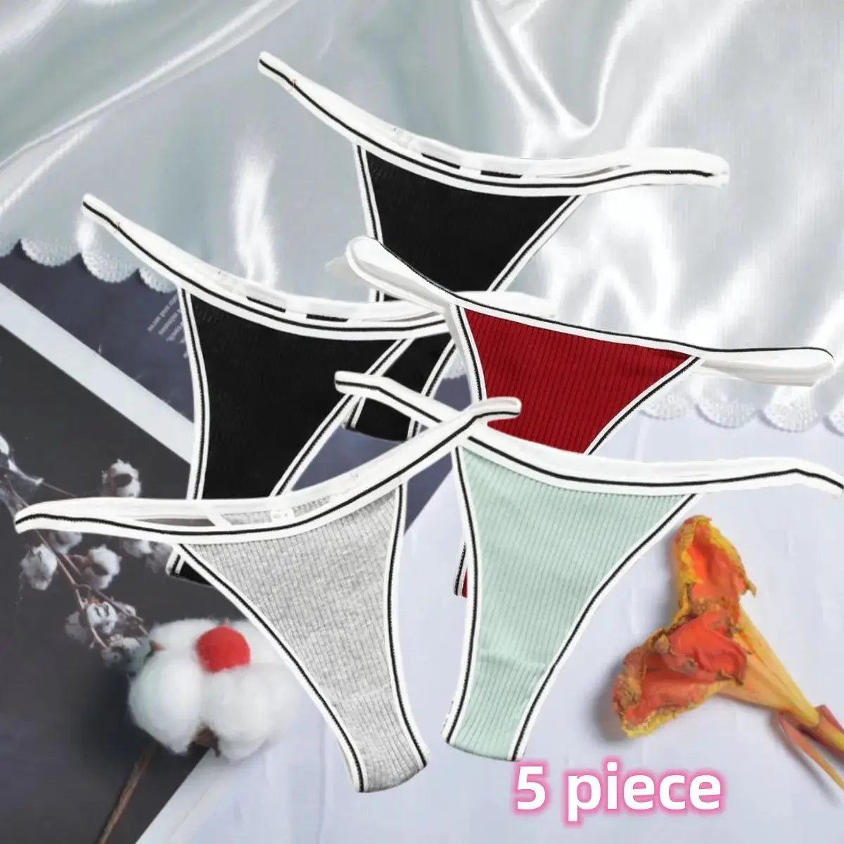 Women's cotton thong underwear, 5-piece set in black, red, gray, mint green, and white
