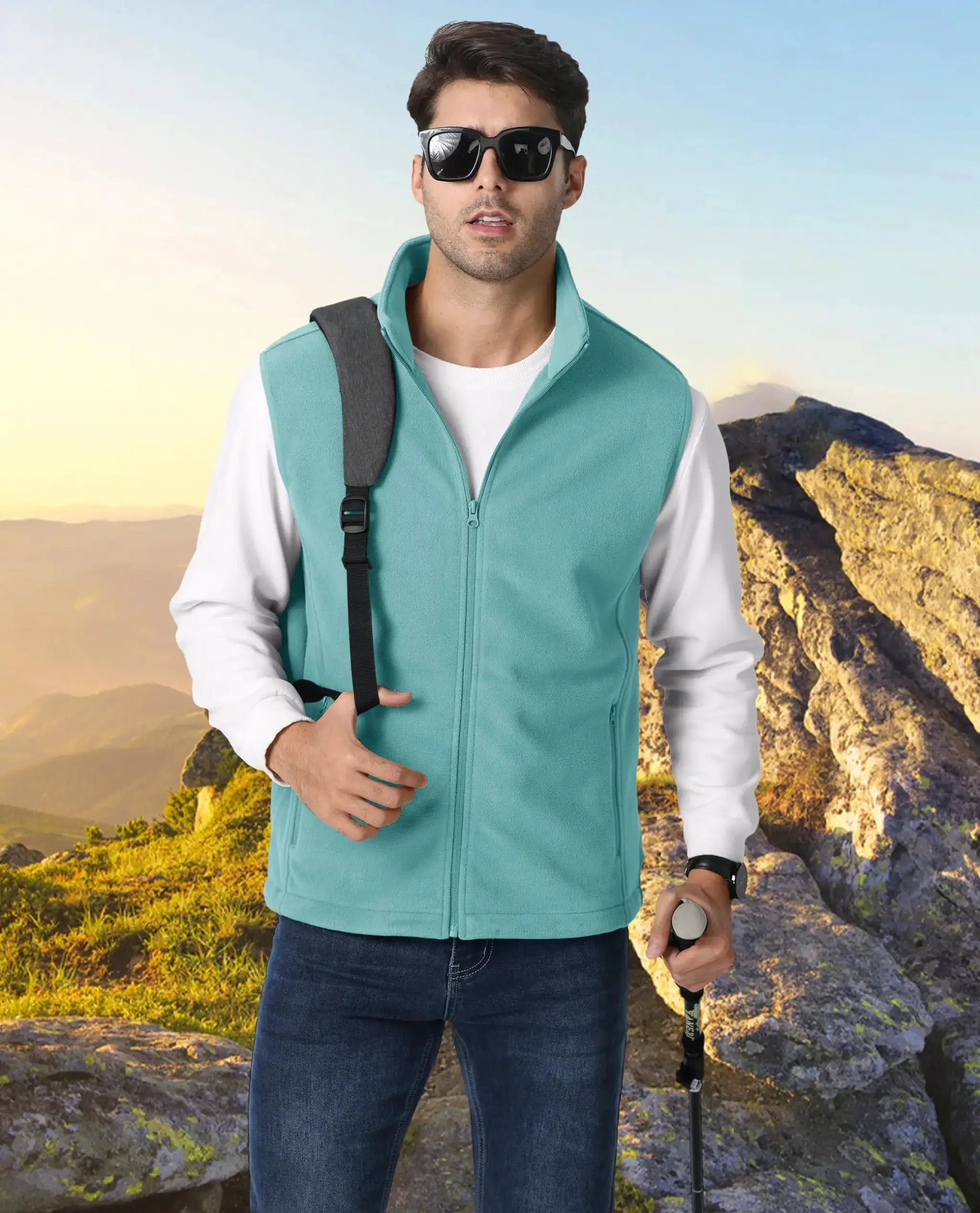 TACVASEN fleece vest jacket in teal for outdoor wear.