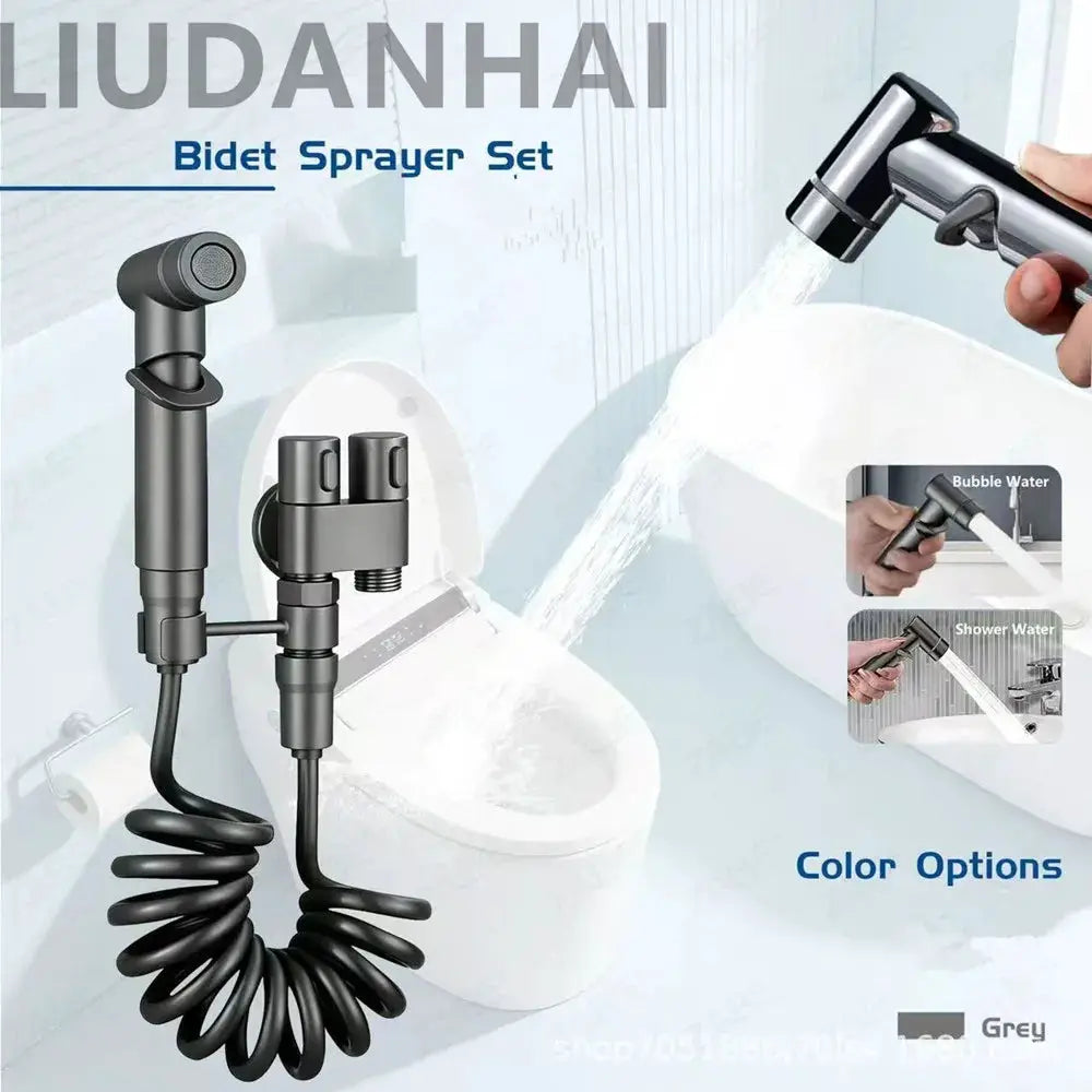 Simples Market handheld bidet sprayer set in stainless steel with a coiled hose and dual spray head self-cleaning