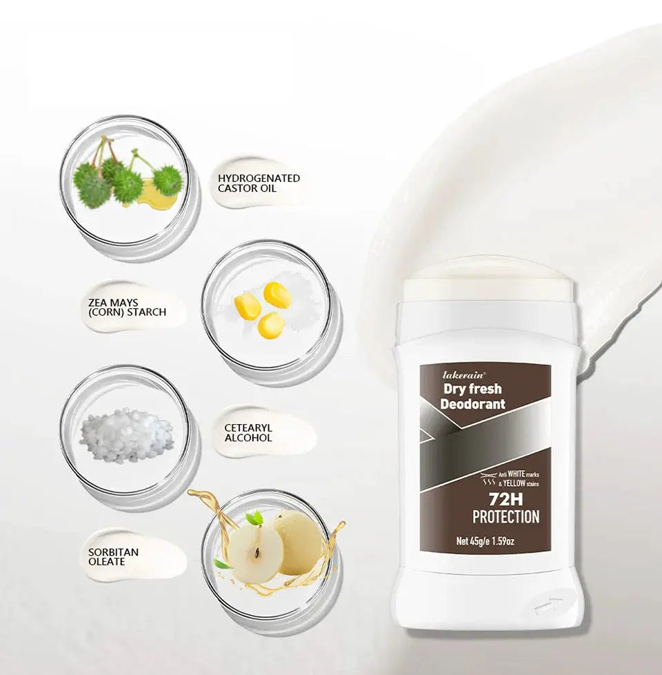 Simples Market men's dry fresh deodorant stick with 72H protection and ingredient illustrations