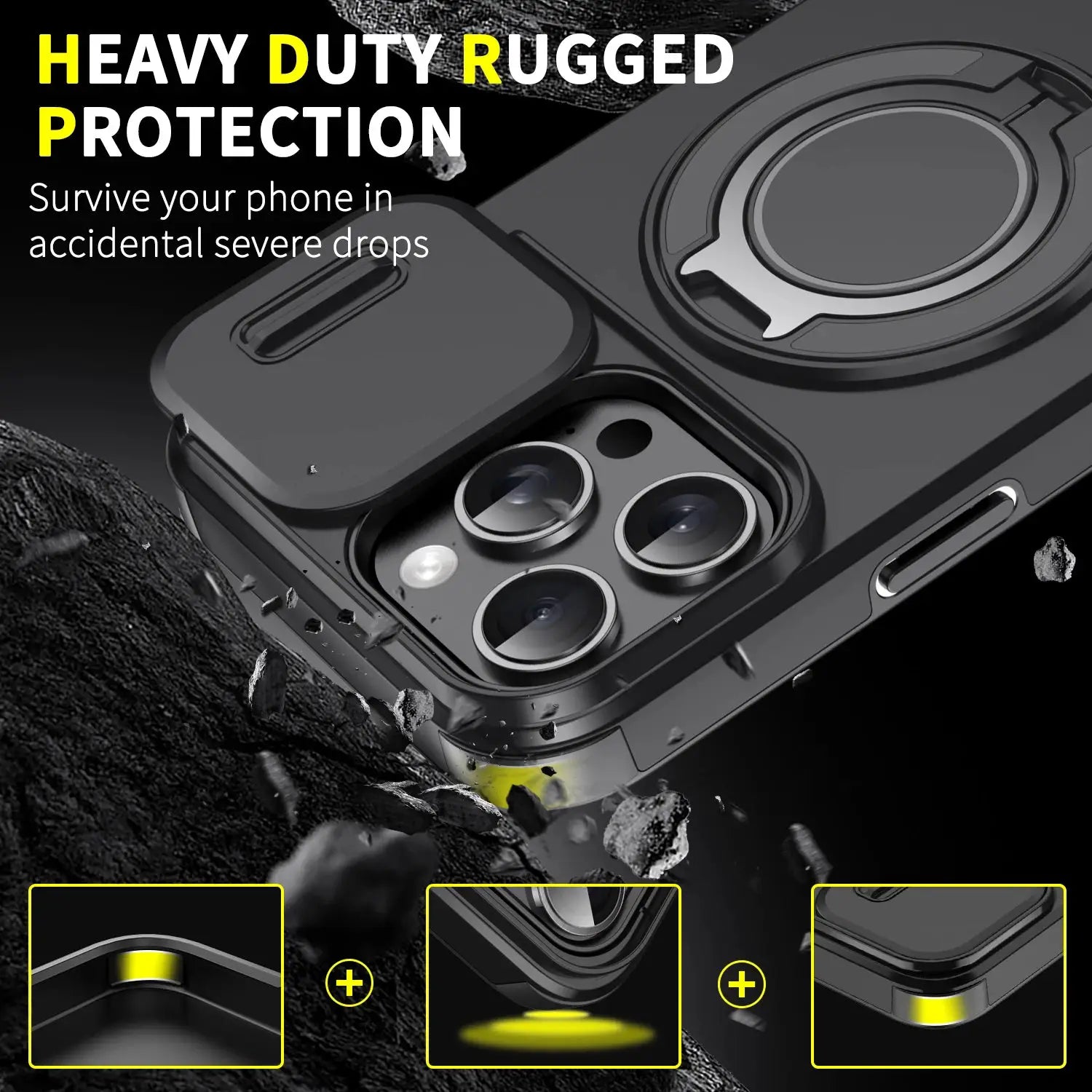 Heavy-duty rugged magnetic stand case for MagSafe iPhone models, black with sliding camera protection.