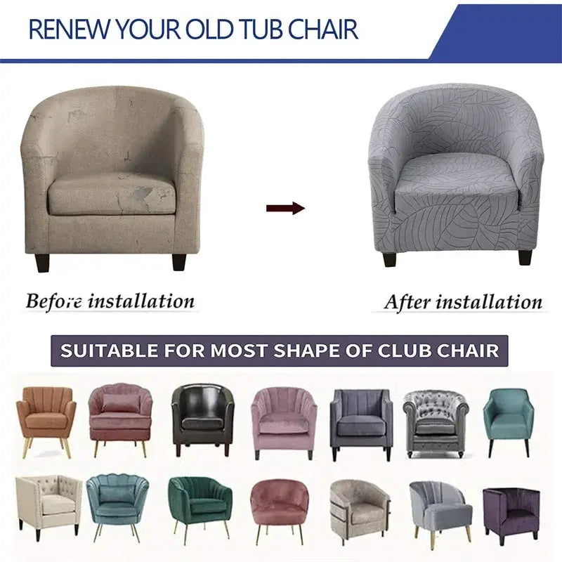 Simples Market elastic club chair cover with leaves jacquard pattern; before beige tub chair, after gray leaf-patterned chair.