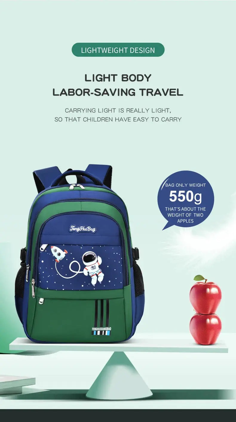Kids backpack Simples Market with space-astronaut print in blue and green, lightweight and water-resistant