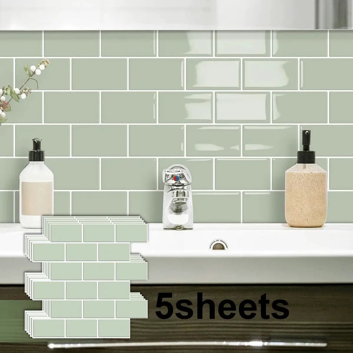 5 sheets waterproof peel-and-stick backsplash tiles in light sage green brick pattern