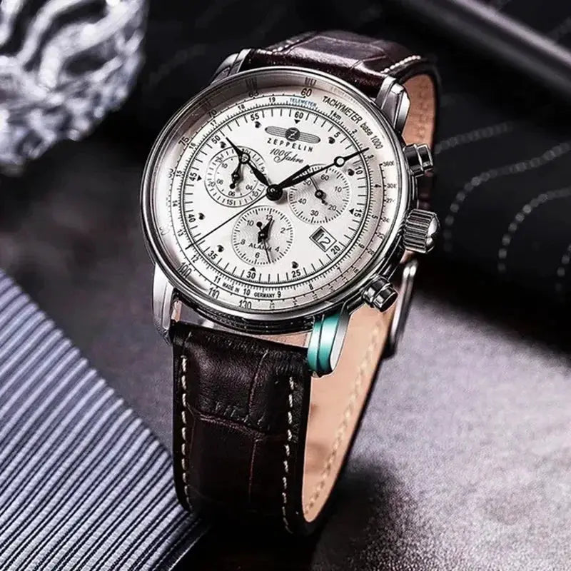 Zeppelin commemorative men's automatic watch with white dial, silver case, and brown leather strap