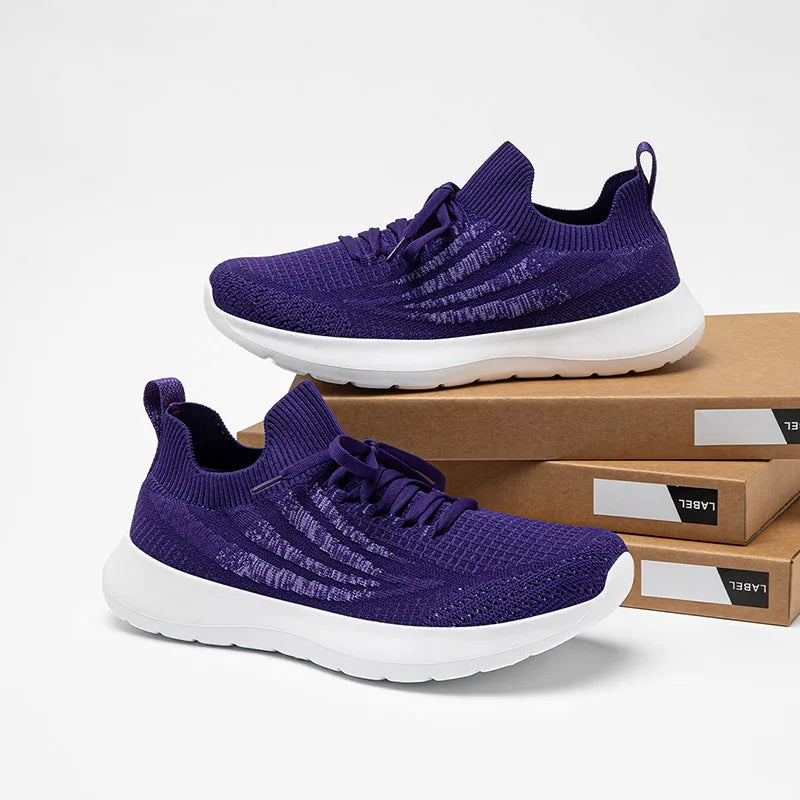 HOBIBEAR unisex running sneakers, purple knit upper, white sole