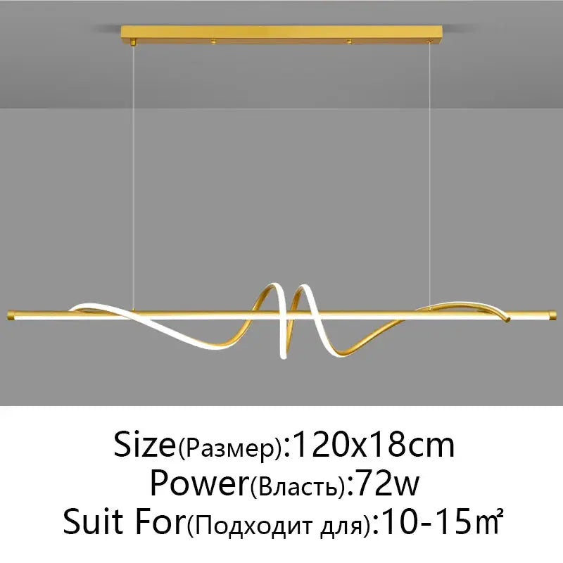 Modern LED pendant light by Simples Market, gold bar with white twisting accents for dining/kitchen.