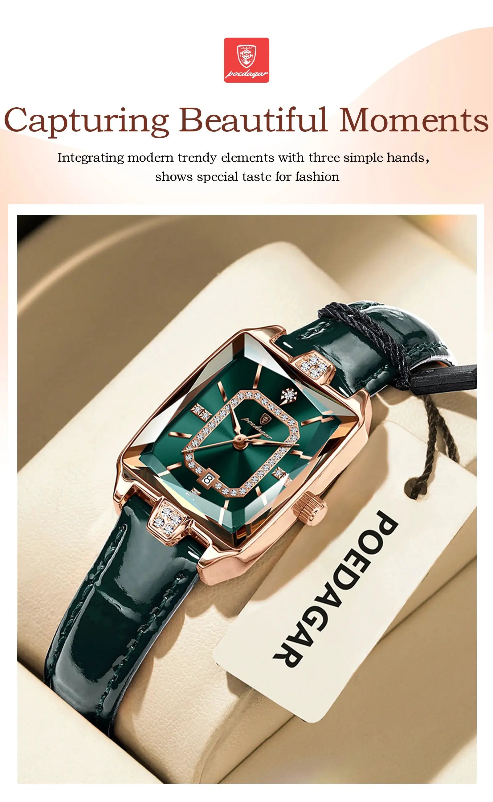 POEDAGAR luxury women's wristwatch with green dial, rose-gold case, and leather strap.