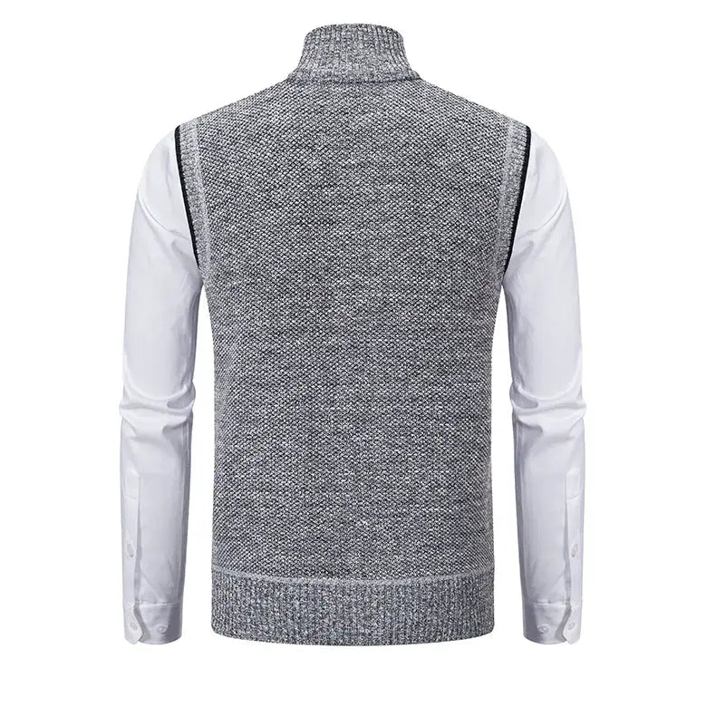 Simples Market men's knit vest with stand collar in heather grey, sleeveless waistcoat worn over a white shirt.