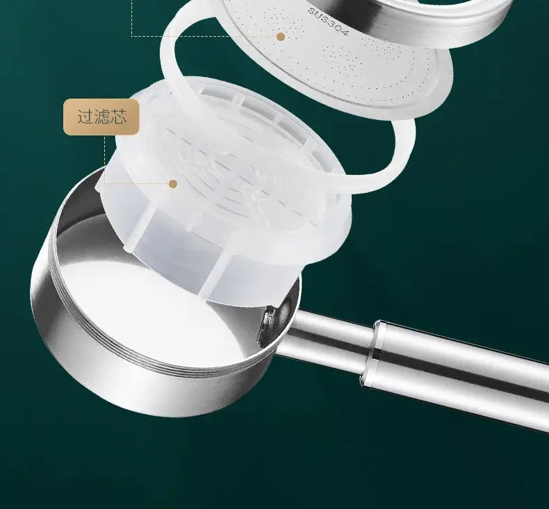 Simples Market SUS 304 stainless steel handheld shower head with white filter housing and high-pressure rainfall spray