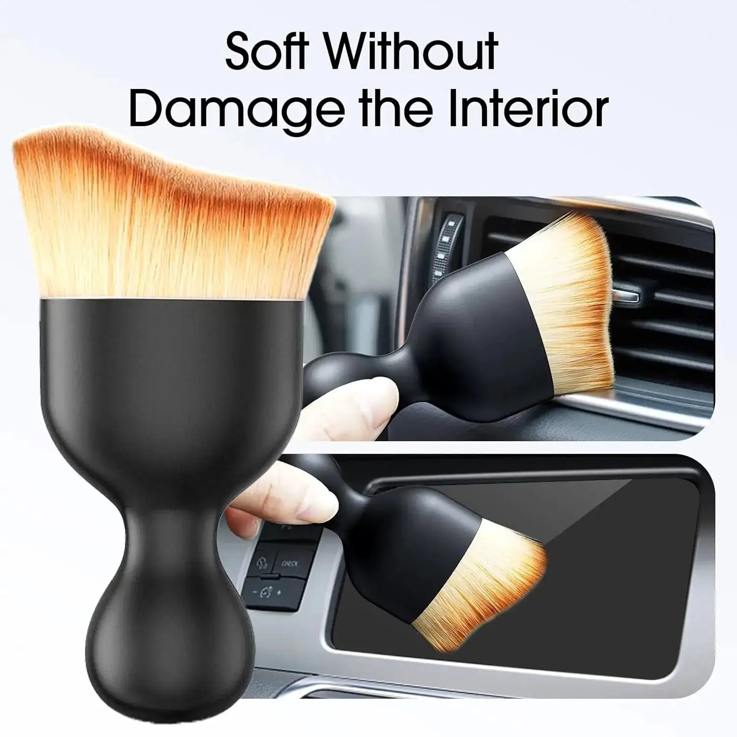 Car interior cleaning brush set of 3 with soft brown fur bristles and black handles.