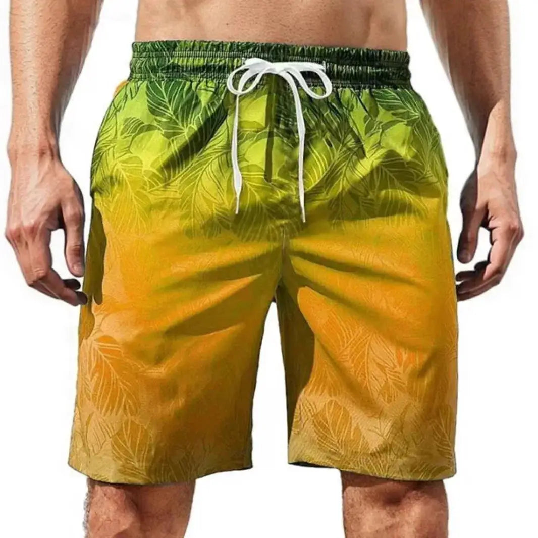 Board shorts by Simples Market, green-to-yellow tropical leaf print, quick-dry with white drawstring