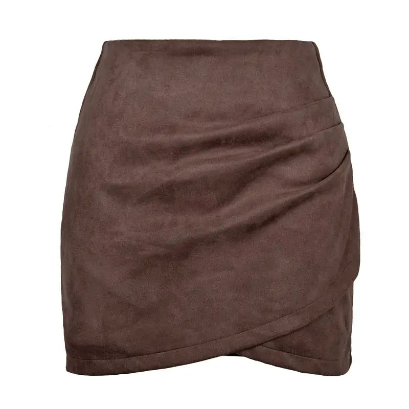 Suede mini skirt, brown wrap-style, high-waisted bodycon by Simples Market