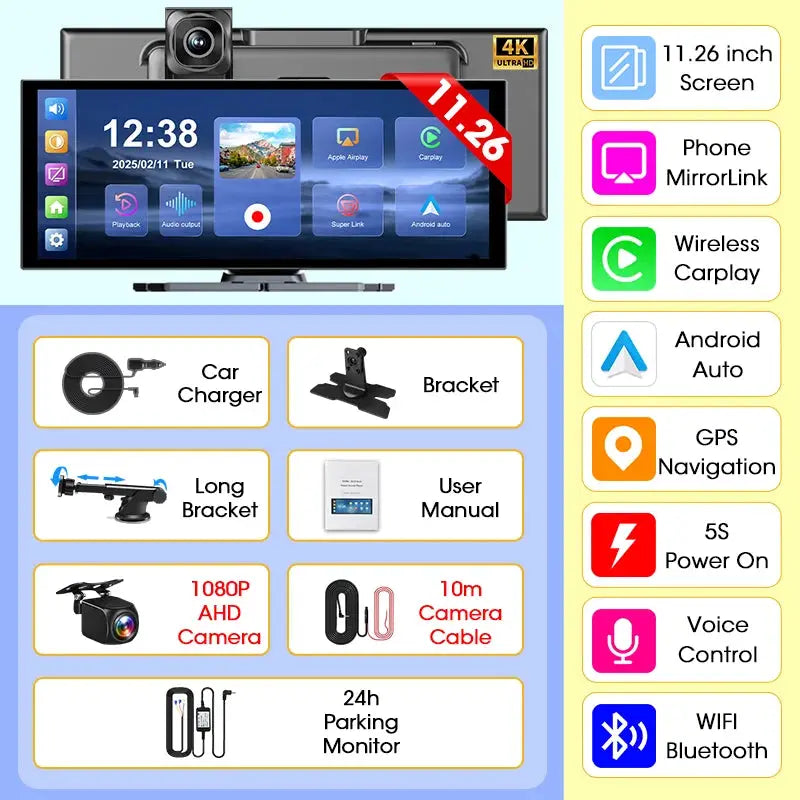 Develuck 4K Dash Cam With Wireless CarPlay Android Auto 5G Navigation