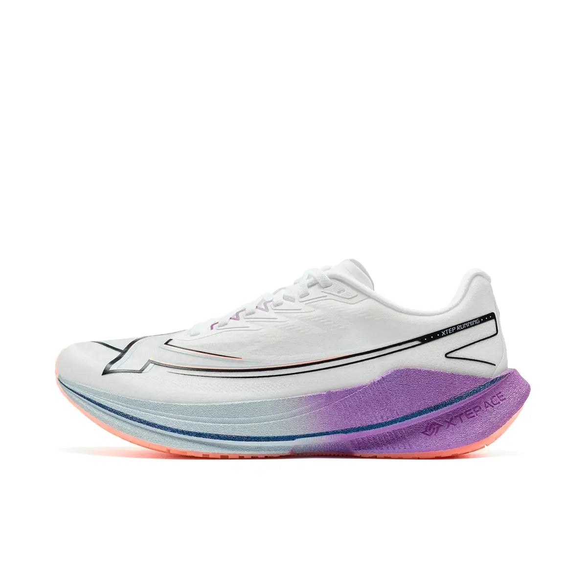 Xtep Shyft 1.0 men's running shoe; white upper with gradient purple midsole and peach outsole