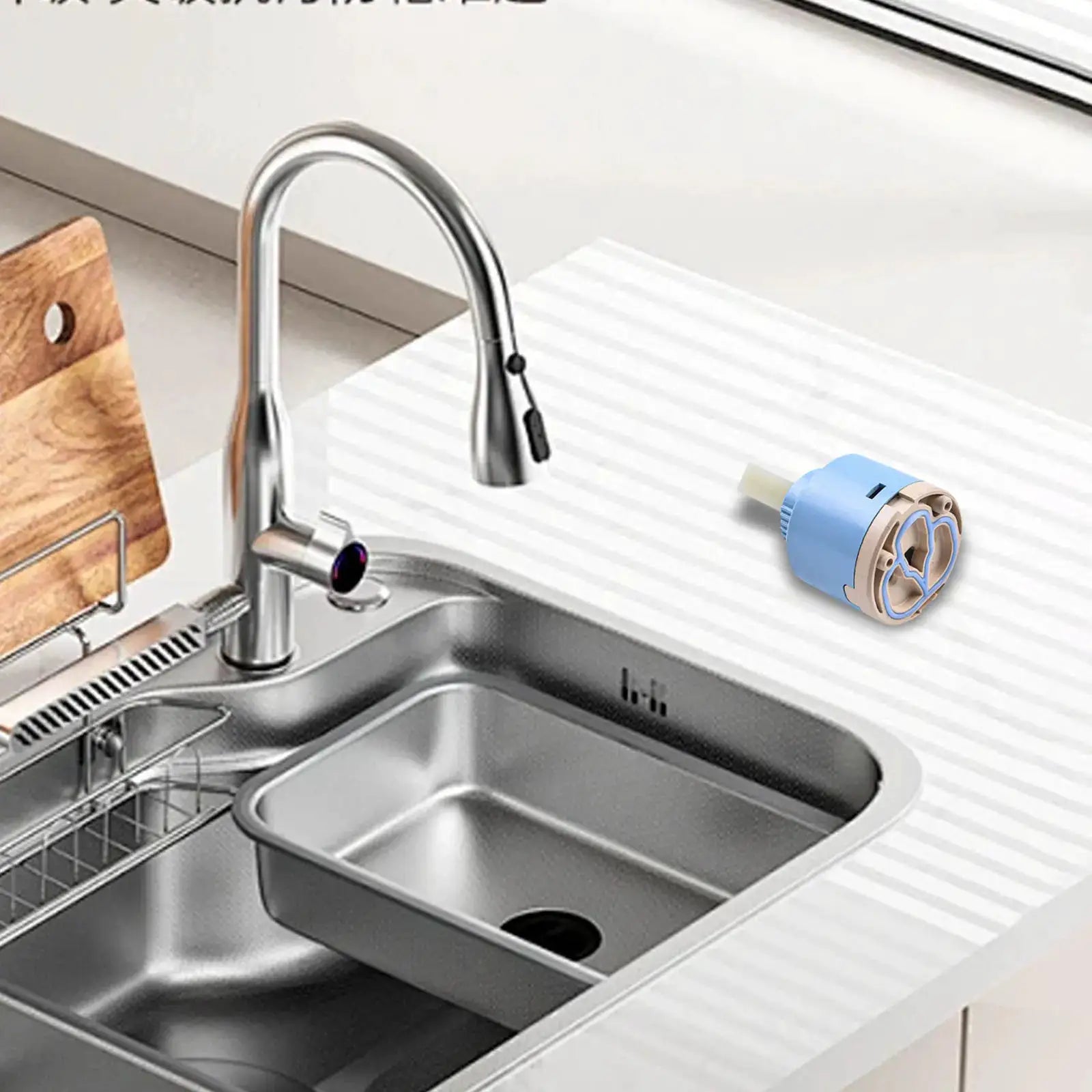 Ceramic cartridge valve for 35/40mm mixer taps; chrome kitchen faucet shown.