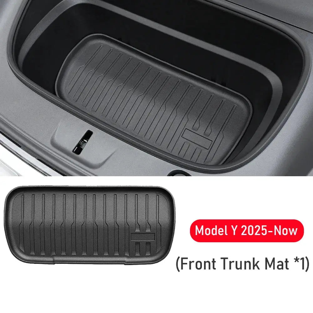 Front trunk mat for Tesla Model Y 2025–2026 by Simples Market, black ribbed cargo liner.