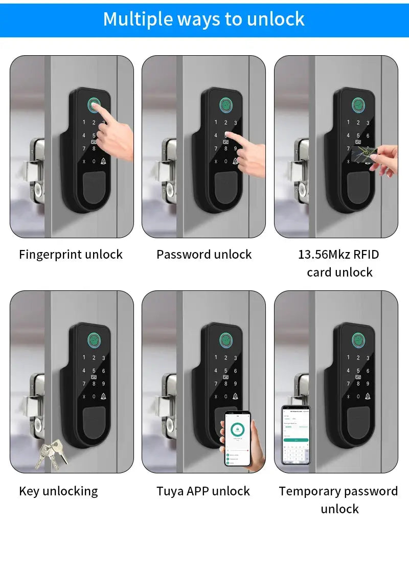 Simples Market black smart door lock with green fingerprint scanner supports fingerprint, password, RFID, key, Tuya app