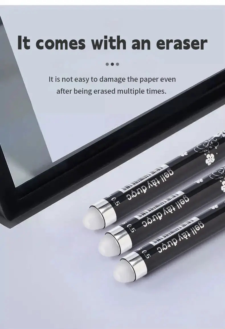 Simples Market 3-pack kawaii erasable gel pens, black bodies with white erasers and floral accents
