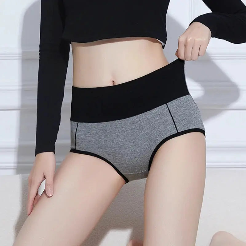 Cotton women's high-waist panties, gray with black waistband, 3-piece set for plus size M-4XL