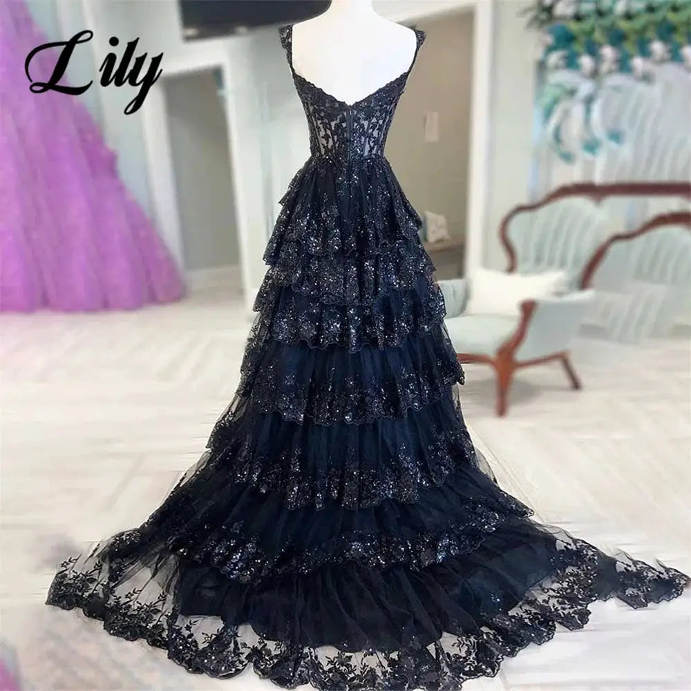 Lily Navy Blue Sweetheart A Line Dress Tiered Pleats Spaghetti Strap