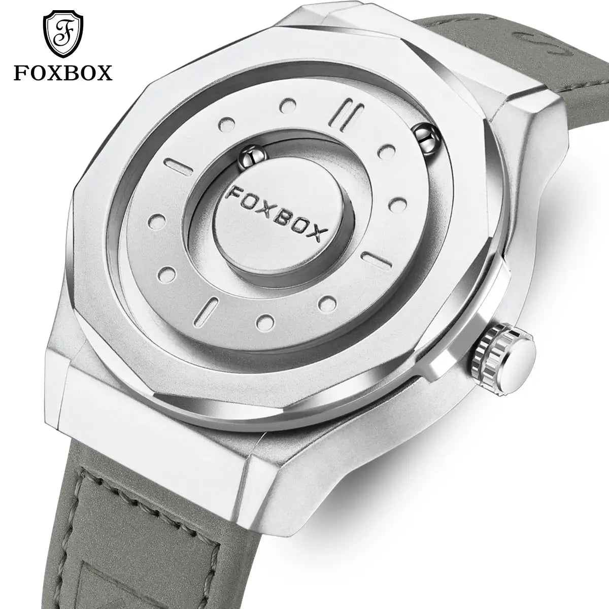 FOXBOX men's stainless steel quartz watch with grey strap