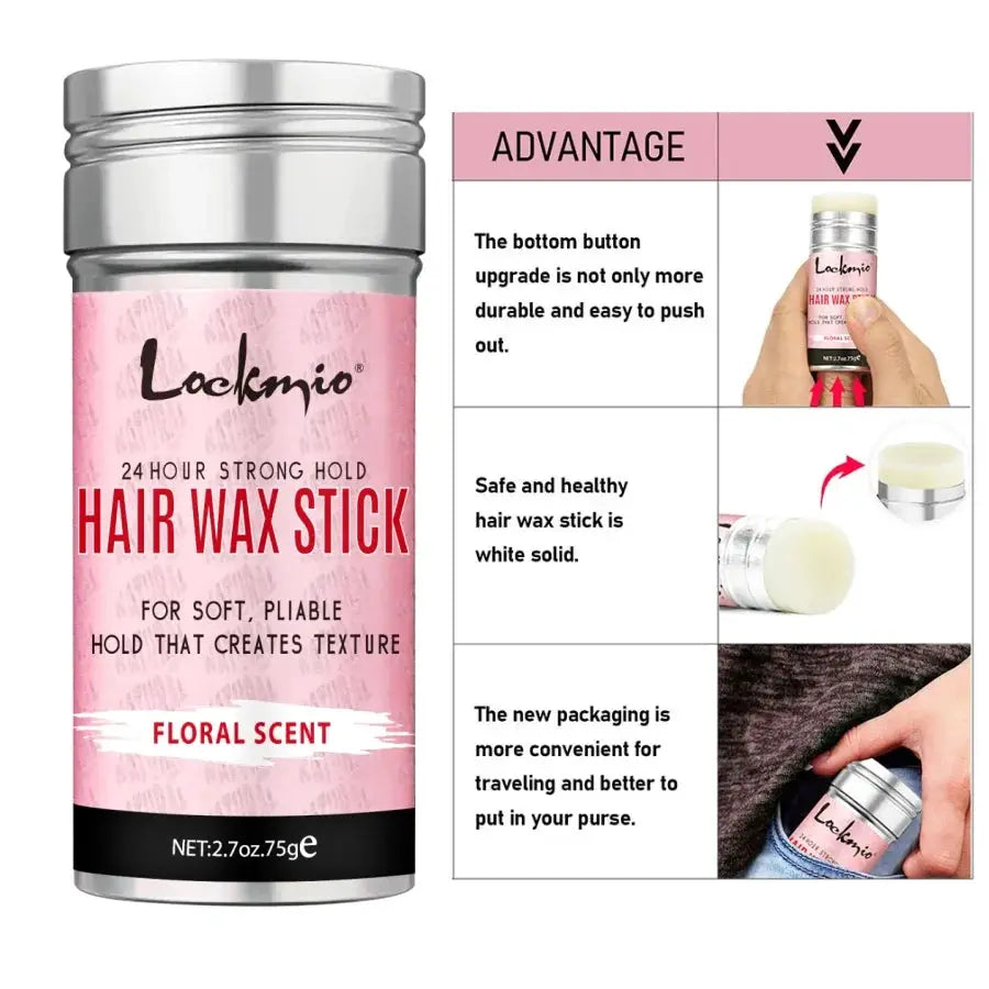 Lackmio hair wax stick with pink label and silver cap, floral scent, 2.7 oz (75 g)