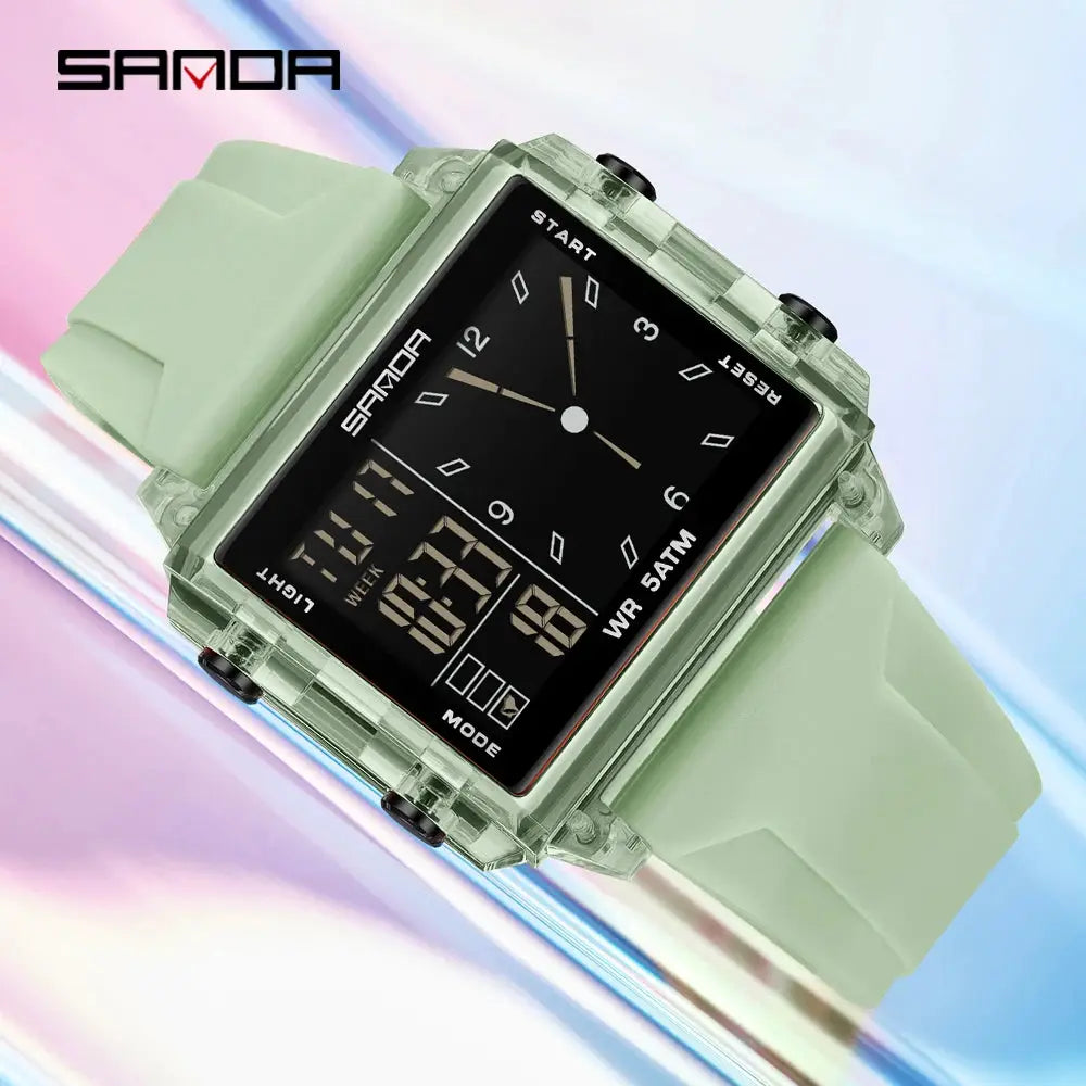 SANDA 6273 square dual-time wristwatch; mint-green silicone strap, transparent case, SAMOA logo