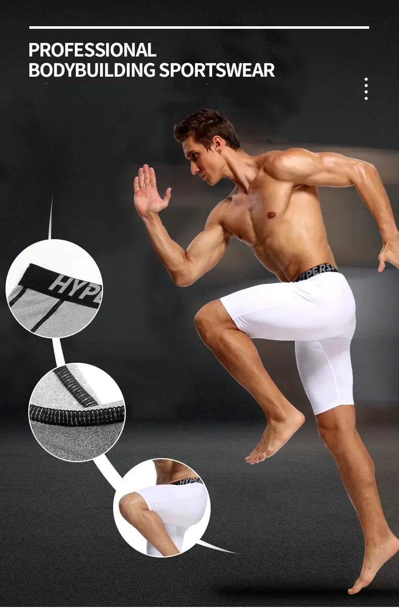 Men's white compression shorts with black branded waistband and close-up fabric details