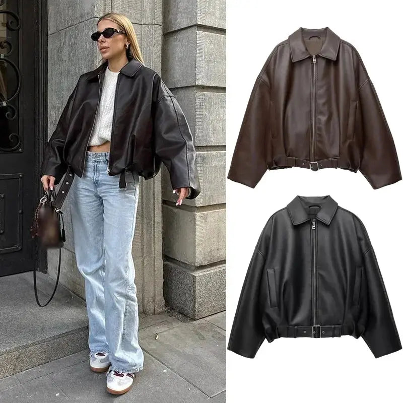 LuxeWear Vintage Womens PU Leather Bomber Jacket With Zipper Closure And Belted Lapel For Stylish Autumn Streetwear