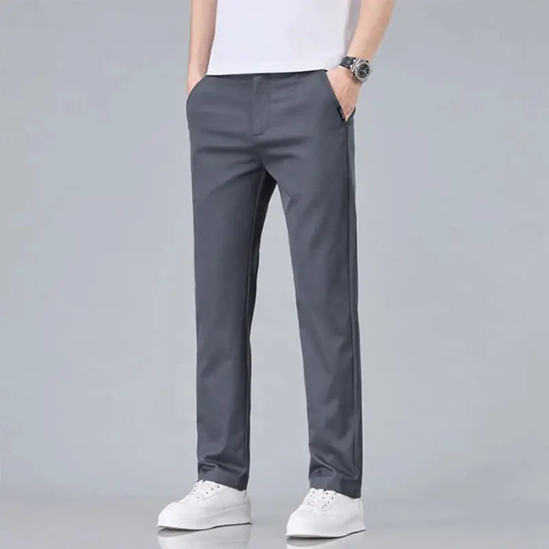 Men's slim-fit gray stretch-cotton casual trousers for business wear.