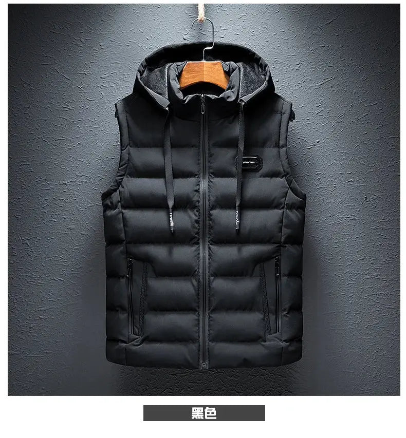 Simples Market men's black hooded puffer vest with front zipper and zip pockets