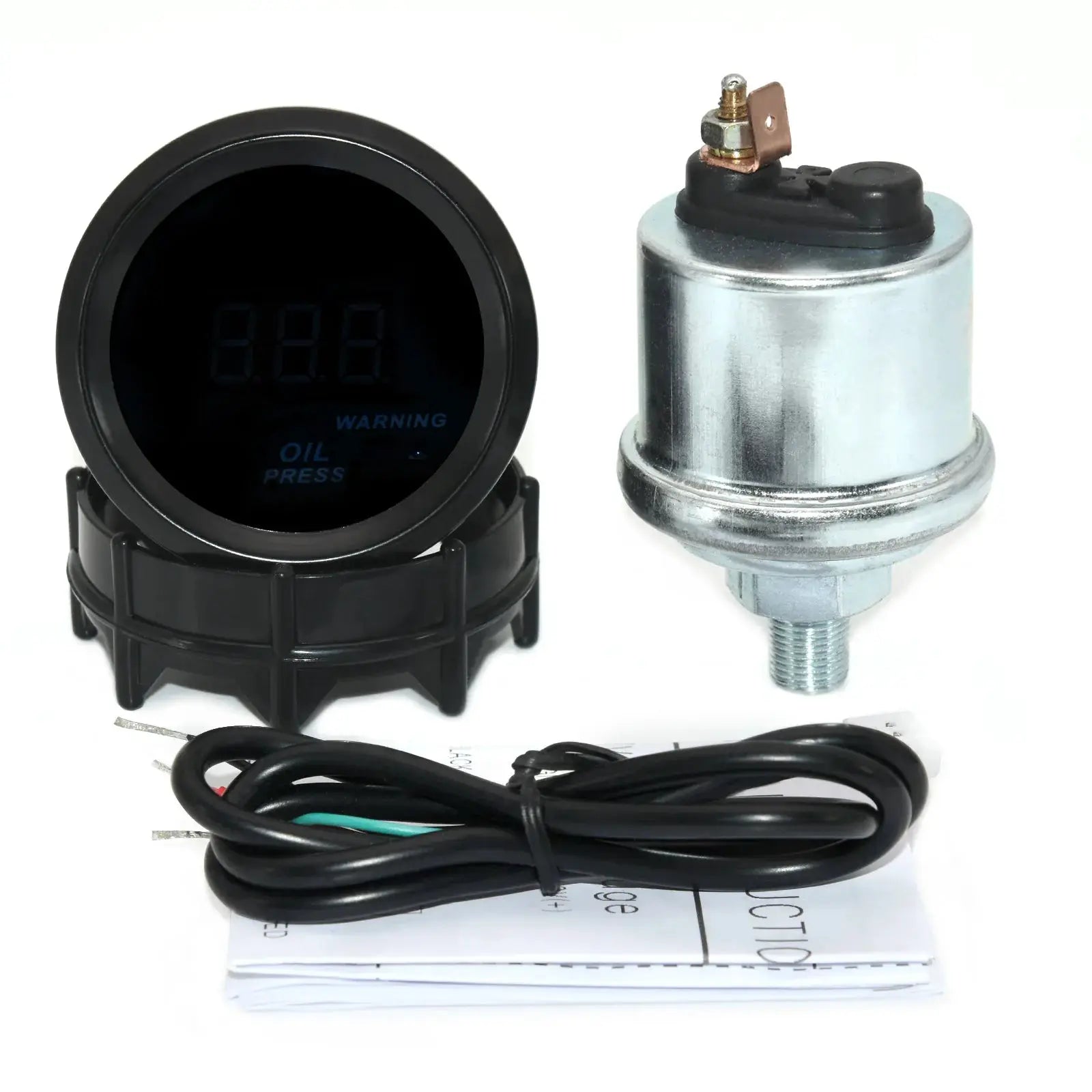 Simples Market 52mm digital gauge with blue LED display for oil pressure, temp, volt, RPM; includes gauge and sensor
