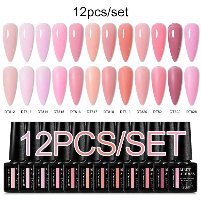 MEET ACROSS 12-piece pink glitter gel nail polish set, pastel pink shades for spring manicures, Simples Market
