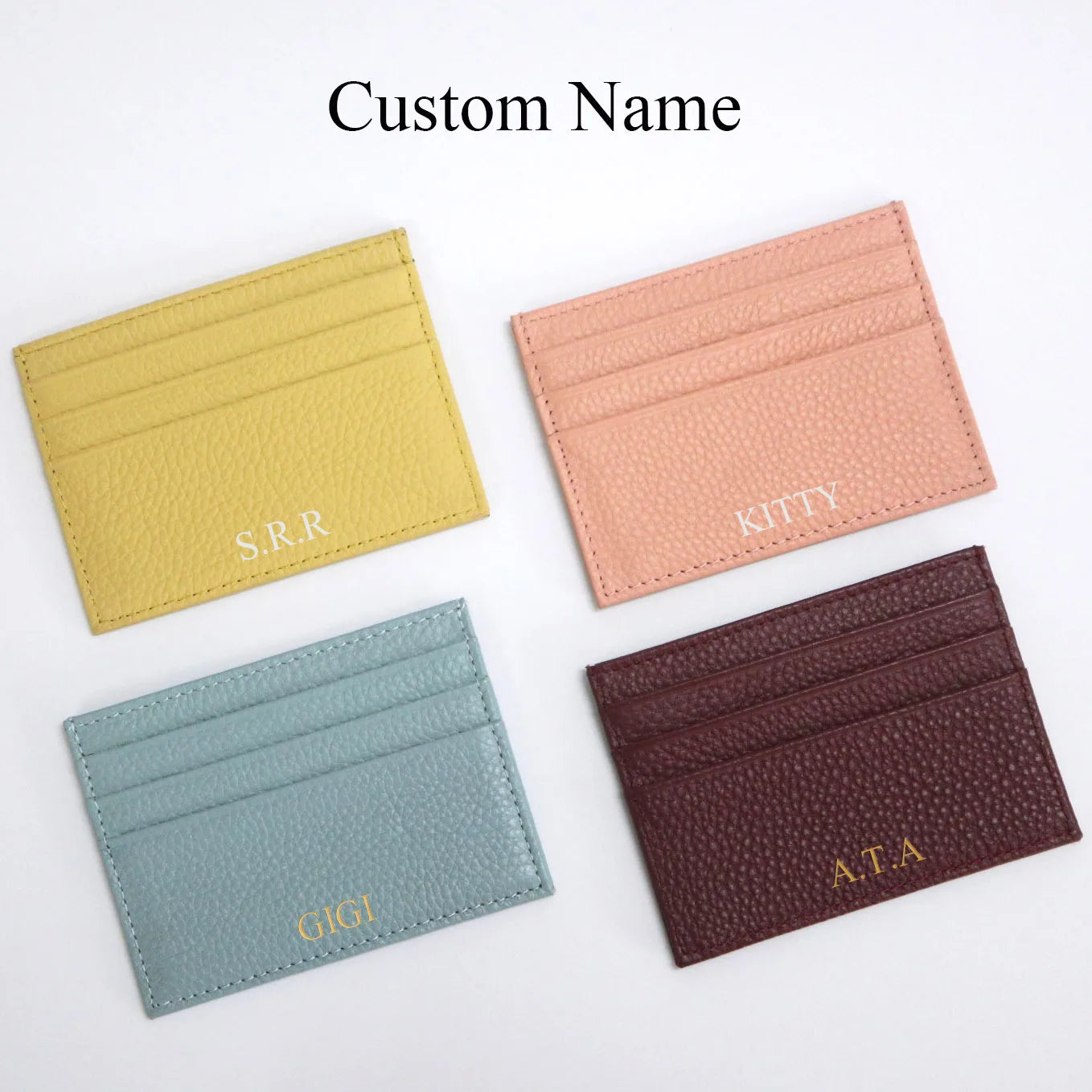 Personalized genuine leather card holder set of four in yellow, pink, blue and burgundy with engraved initials