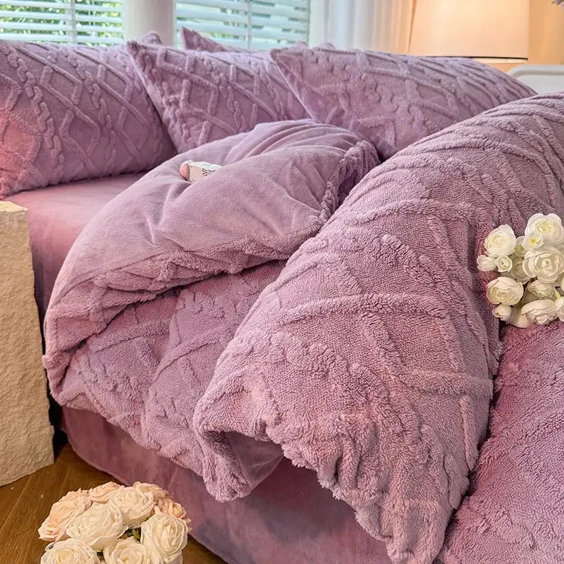 Tafuru Milk fleece quilt set, mauve plush solid-color for double bed, by Simples Market