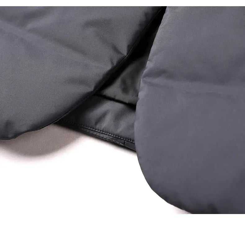 Simples Market men's down jacket in dark gray with quilted panels and removable scarf collar