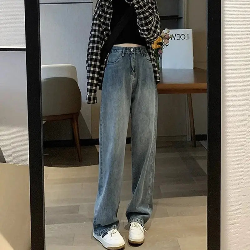 Womens Vintage Wide Leg Jeans High Waist Denim Pants Black Grey Blue