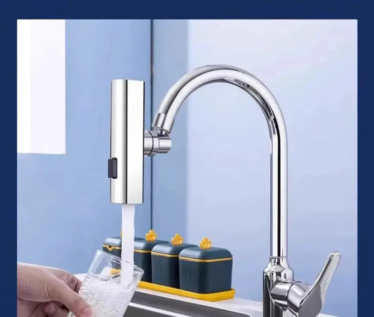 Simples Market kitchen faucet, chrome waterfall with universal 3-mode swivel spray and splash-proof nozzle