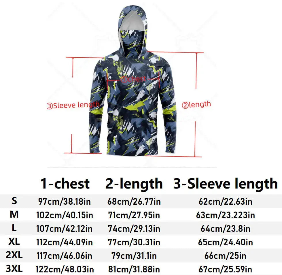 Men's hooded fishing shirt long sleeve UV protection; abstract navy gray camo with lime accents