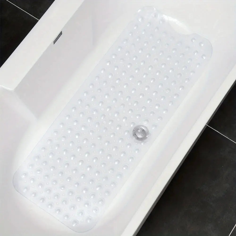 Shower mat Simples Market, white non-slip tub mat with drain holes and suction cups, machine washable