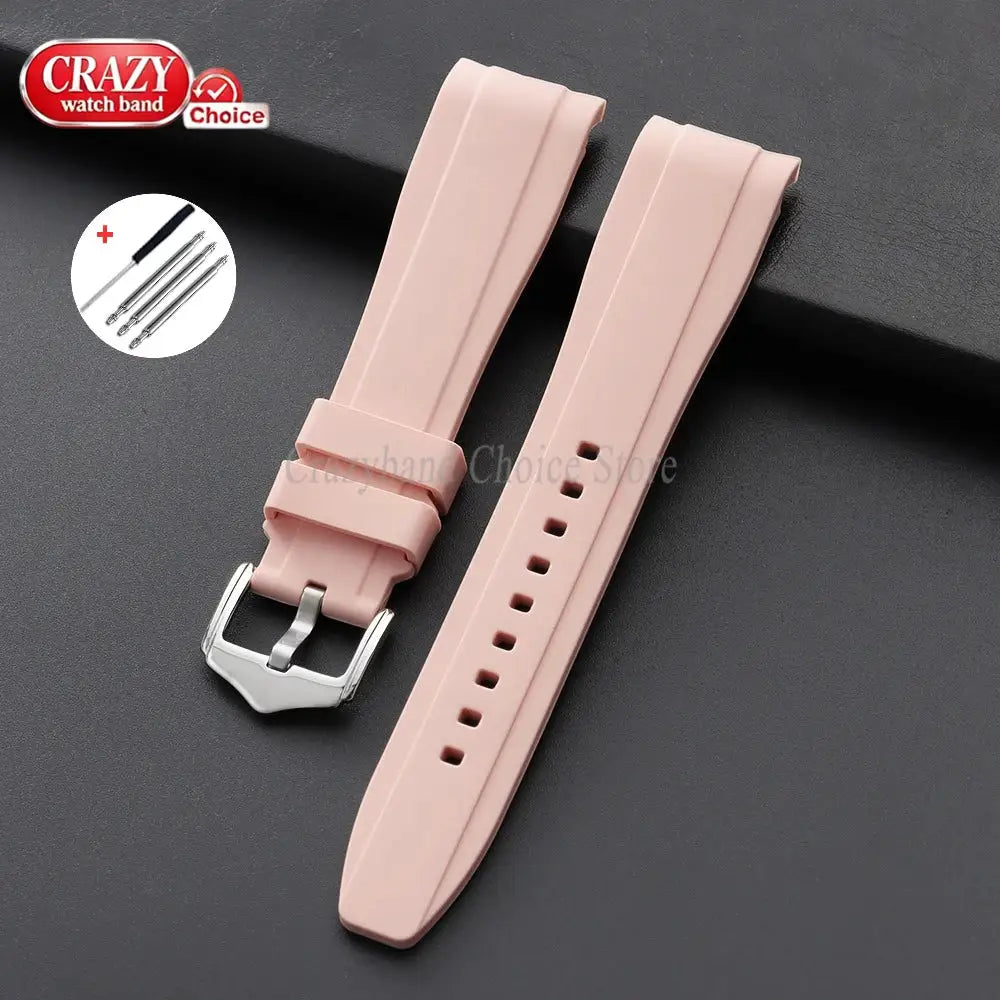 Watch strap from Simples Market in pink silicone, 20-22mm, two-piece with curved ends, universal fit.