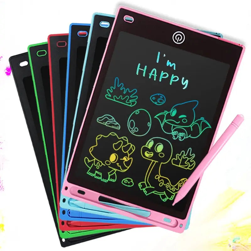 8.5-inch LCD writing tablet for kids by Simples Market; pink frame with stylus, plus a colorful tablet set.
